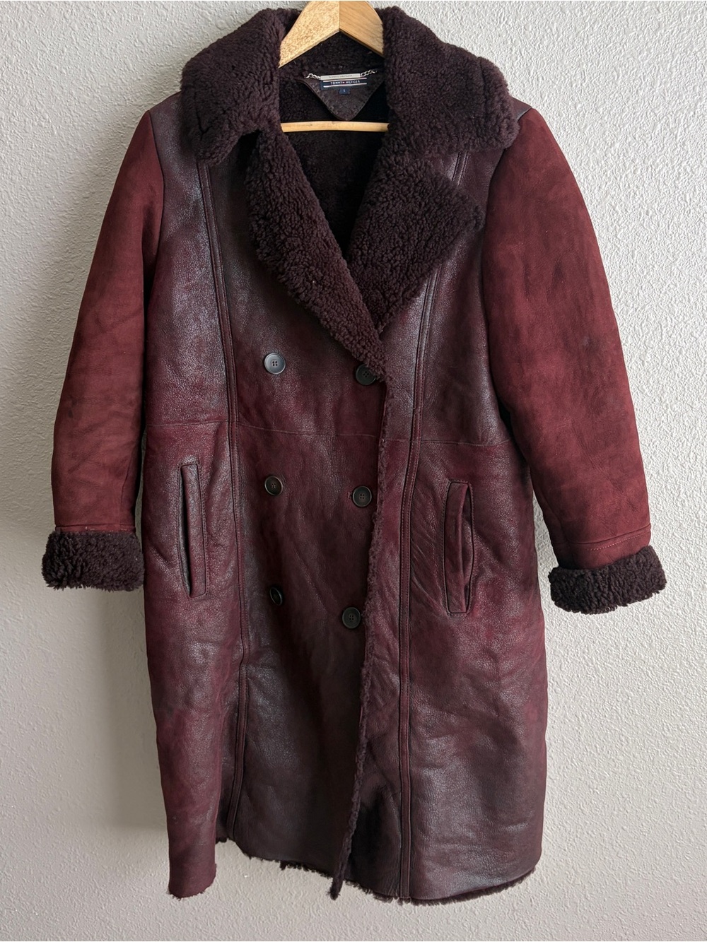 Tommy Hilfiger 100% Lambskin Leather Shearling Coat Women's S Burgundy Oxblood - Picture 1 of 11
